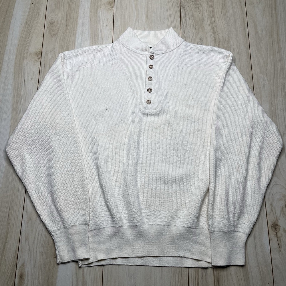 Vintage Alps Knit Cotton Henley Sweater Mens Medium Made In USA Beige